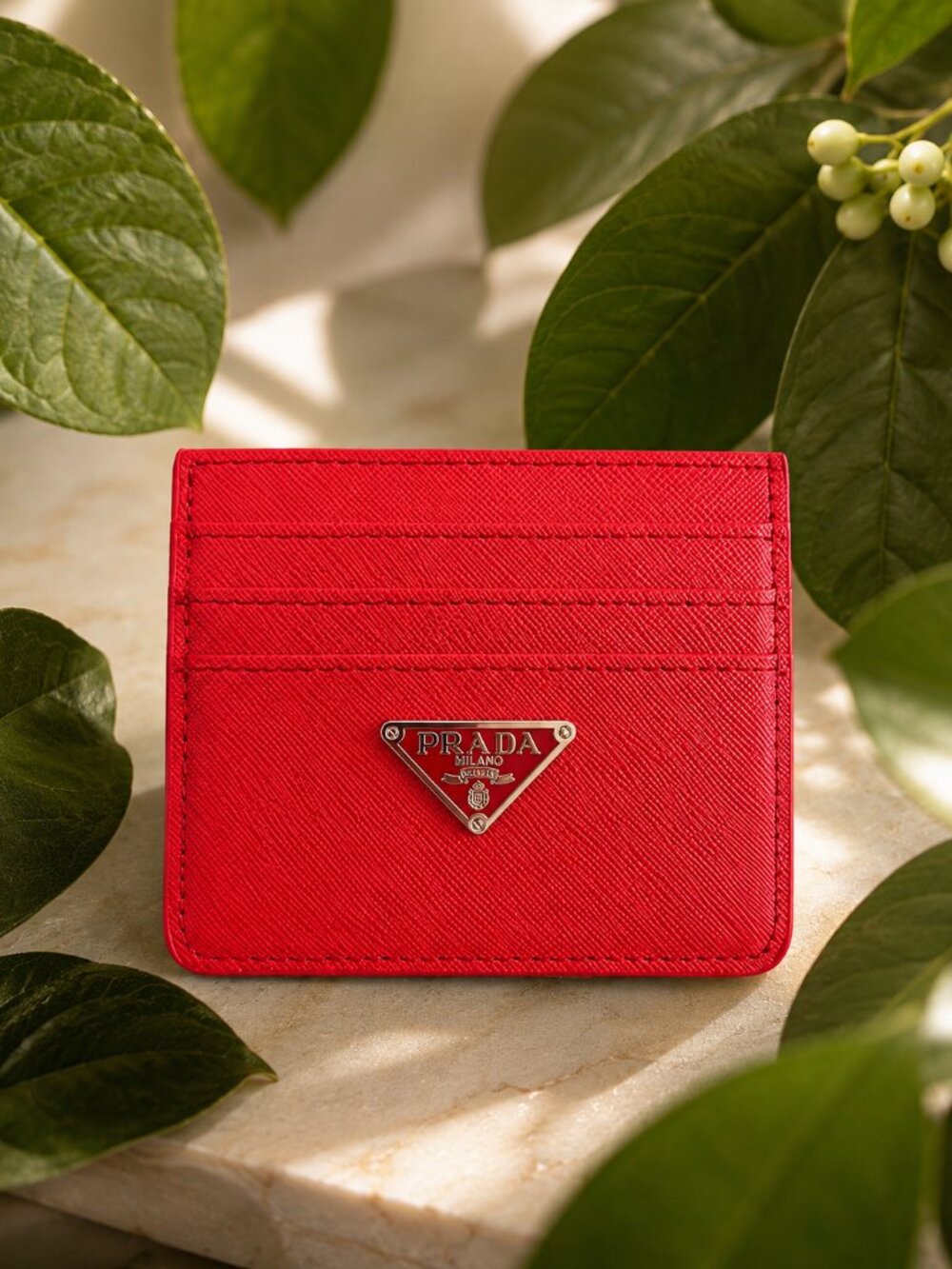 Red Saffiano Texture Card Holder Slim Wallet Gold Tone Emblem Luxury Style